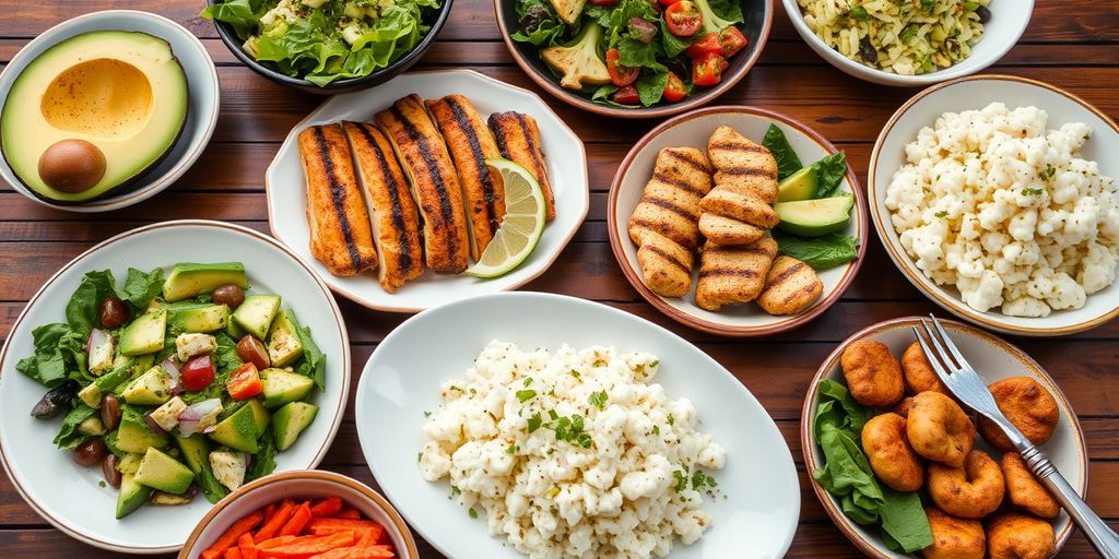 Keto-friendly dishes on a rustic wooden table.