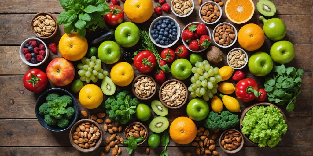 Fresh fruits, vegetables, nuts, and herbs on a table.