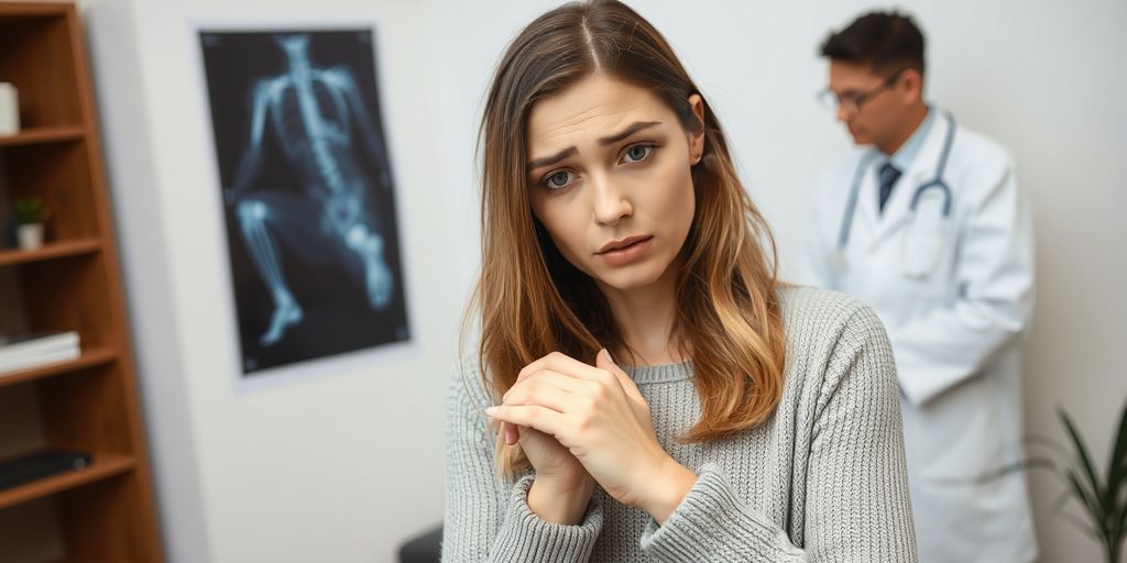 Woman holding wrist, doctor examining X-ray