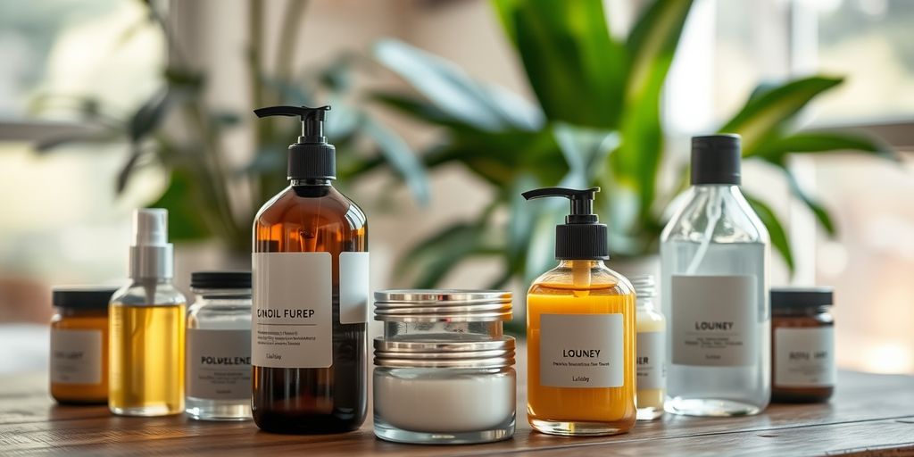 Lotion bottles and jars on a wooden table