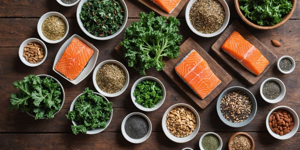 Assorted superfoods on a wooden table