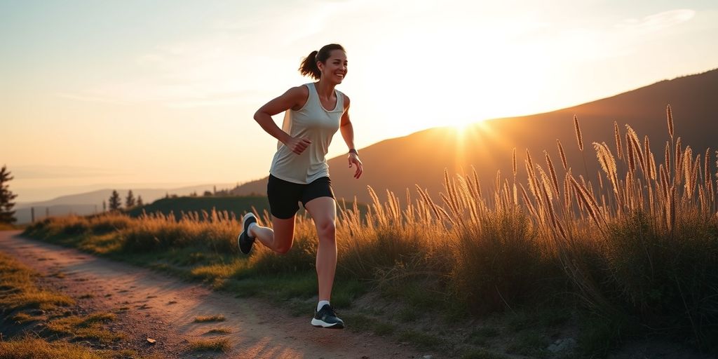 Person jogging on a scenic trail at sunrise.