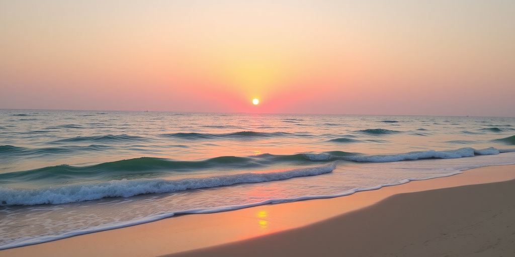 Serene beach at sunset with gentle waves