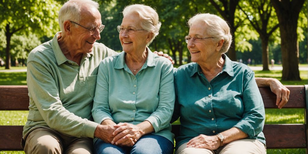 Elderly couple holding hands on a park bench