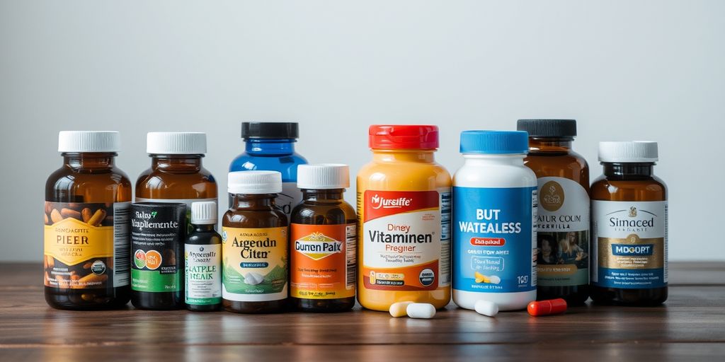 Colorful vitamin and supplement bottles on a table.