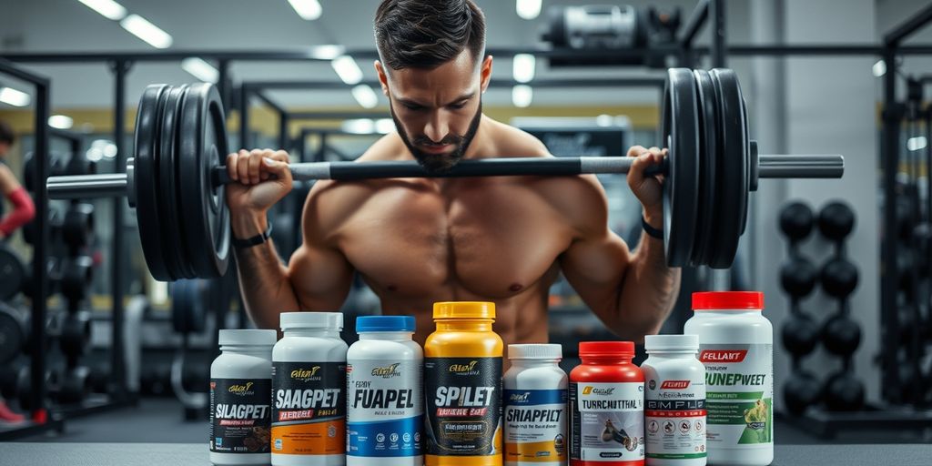 Person lifting barbell with supplements in front