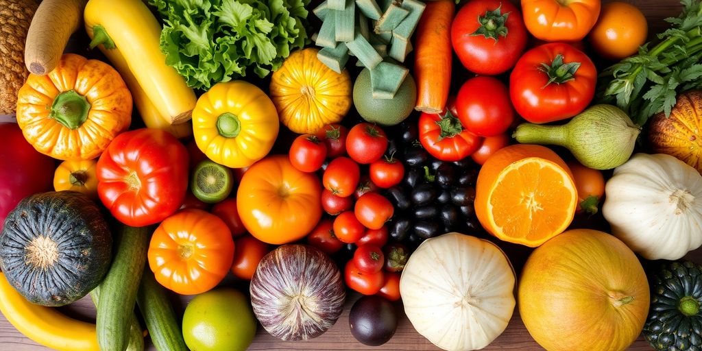 Colorful fruits and vegetables on a wooden table.