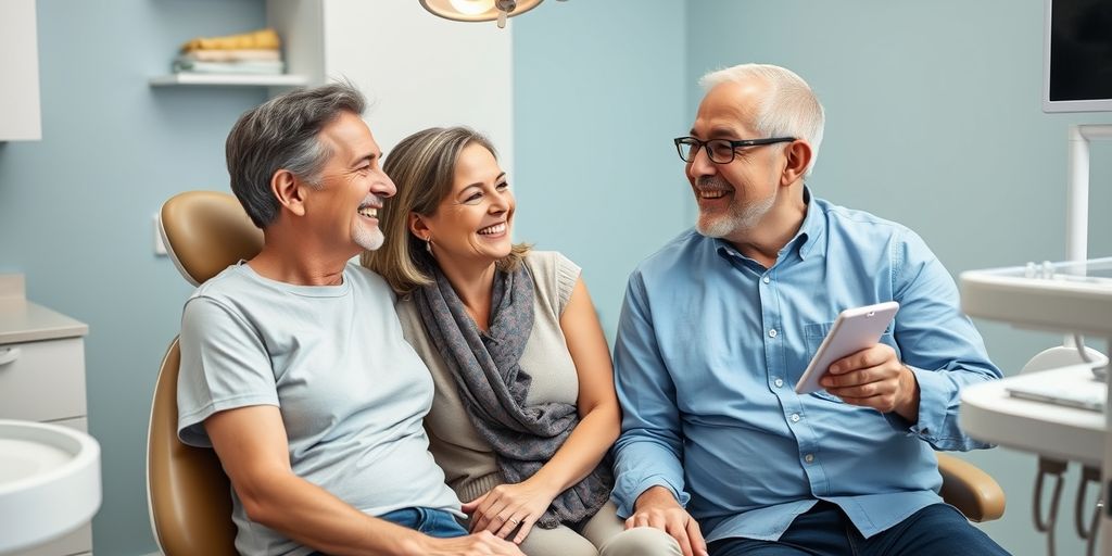 Middle-aged couple talking to a dentist