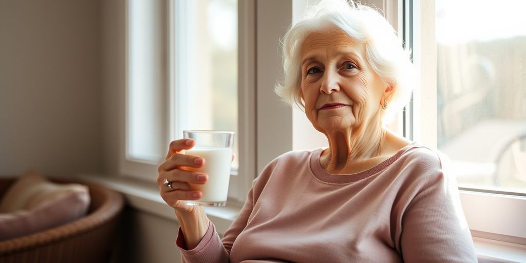 Senior woman in sunlight holding milk