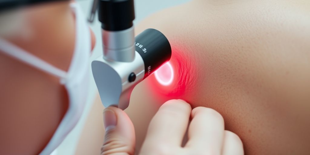 Dermatologist examining skin with dermatoscope