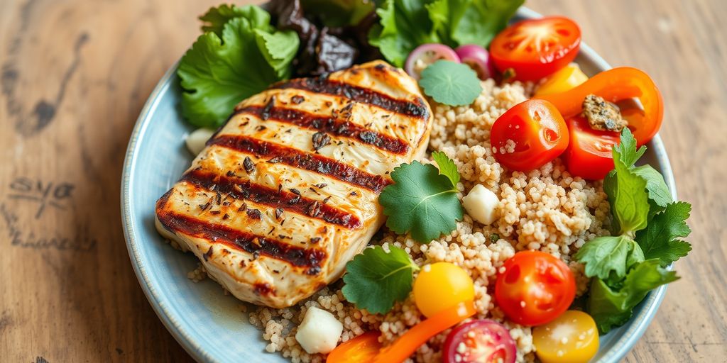 Healthy meal with chicken, vegetables, and quinoa