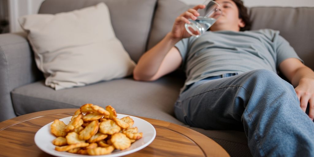 Person drinking water with salty snacks nearby.