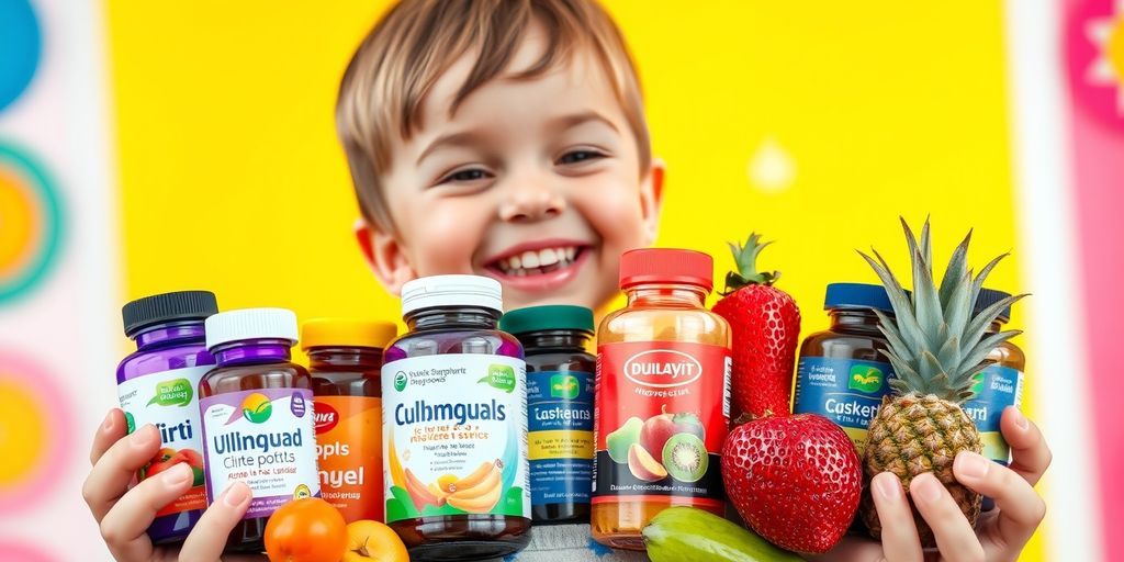 Child with supplements and fruits