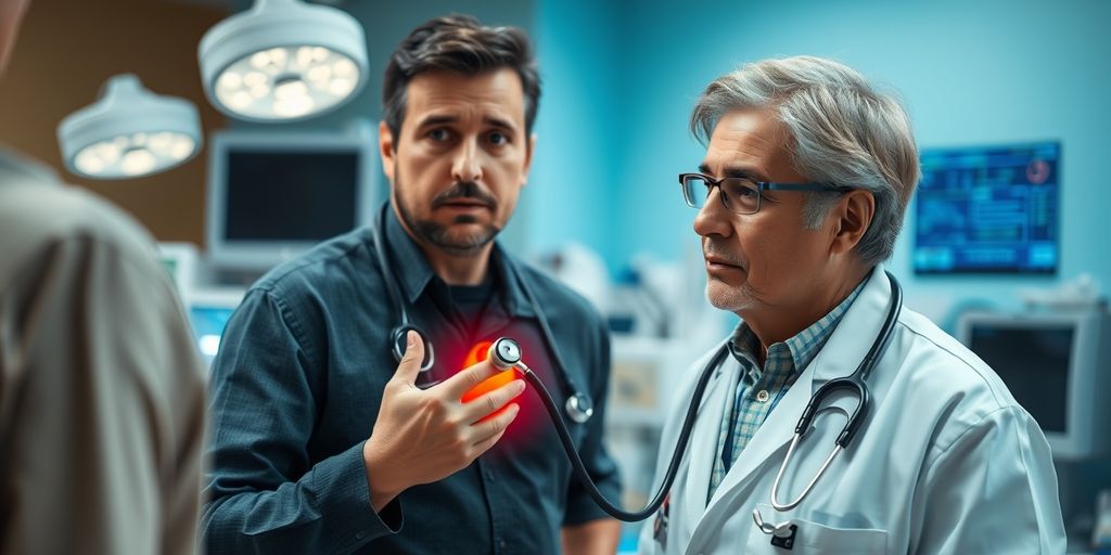 Doctor examining patient's heart with stethoscope