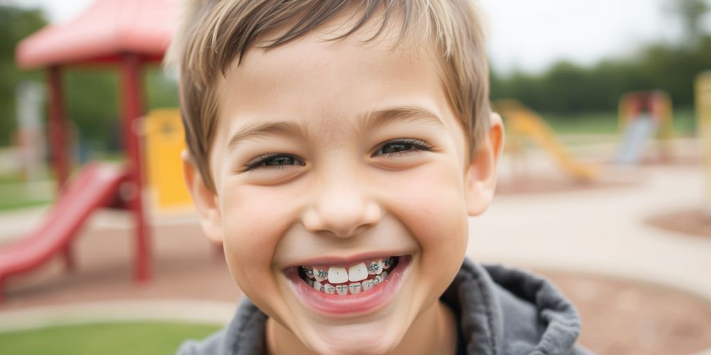 Child with braces smiling confidently