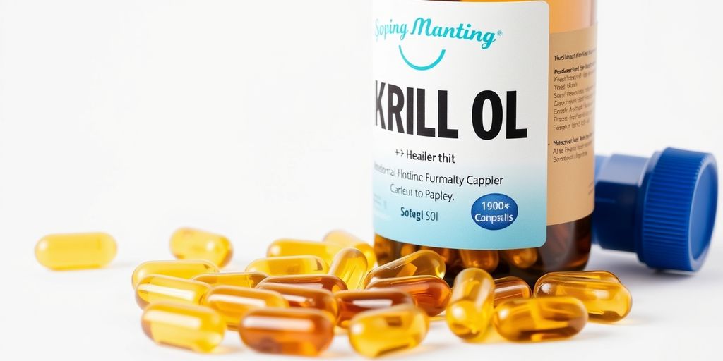 Krill oil bottle and softgel capsules