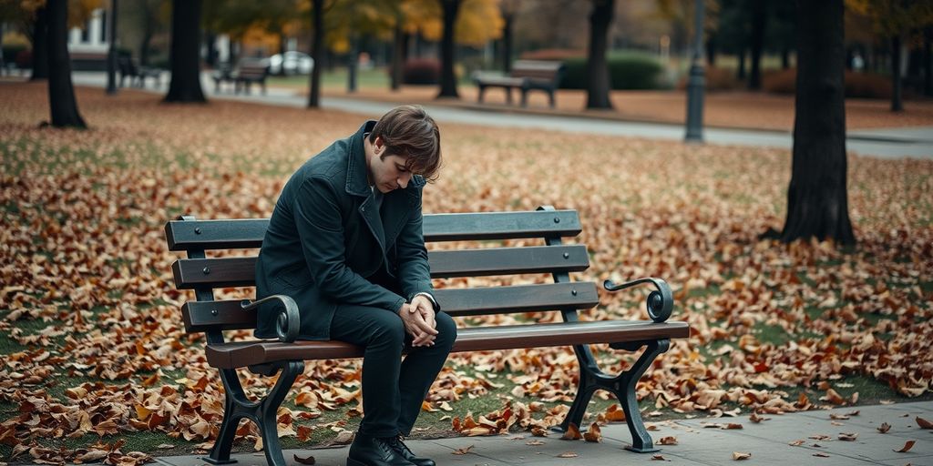 Person sitting alone on a bench, looking somber.