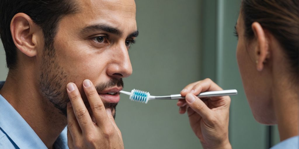 Person examining mouth in mirror