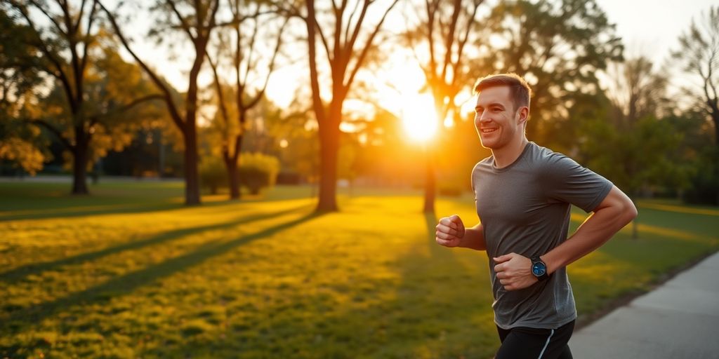 Man jogging in park at sunrise