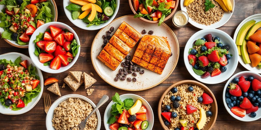 Heart-healthy dishes on a rustic wooden table.