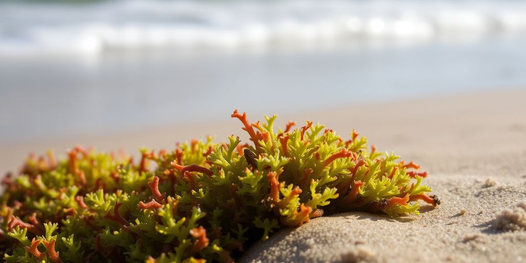 Vibrant sea moss on a sunlit beach