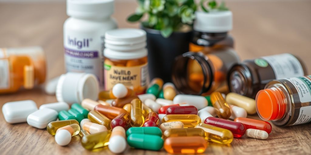 Various supplements and vitamins on a table.