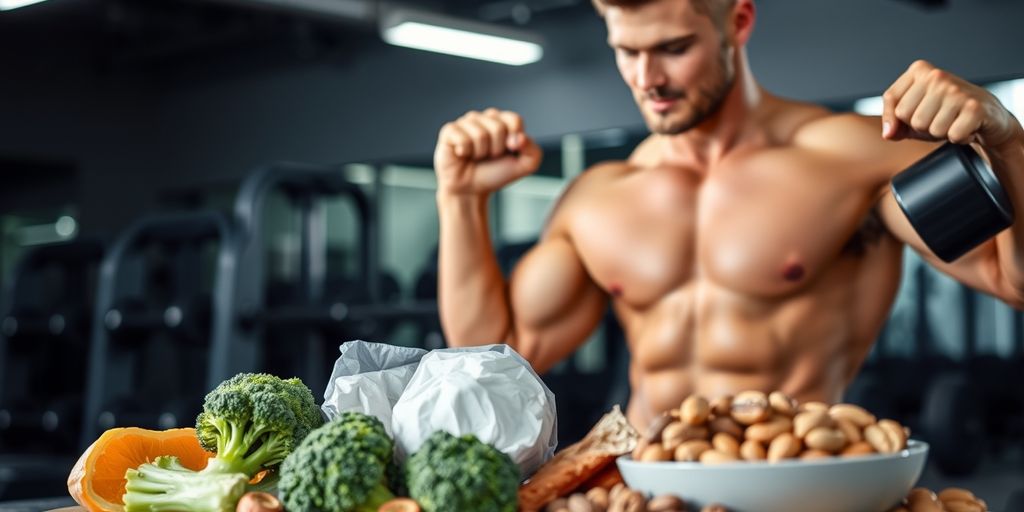 Person lifting weights with healthy foods nearby