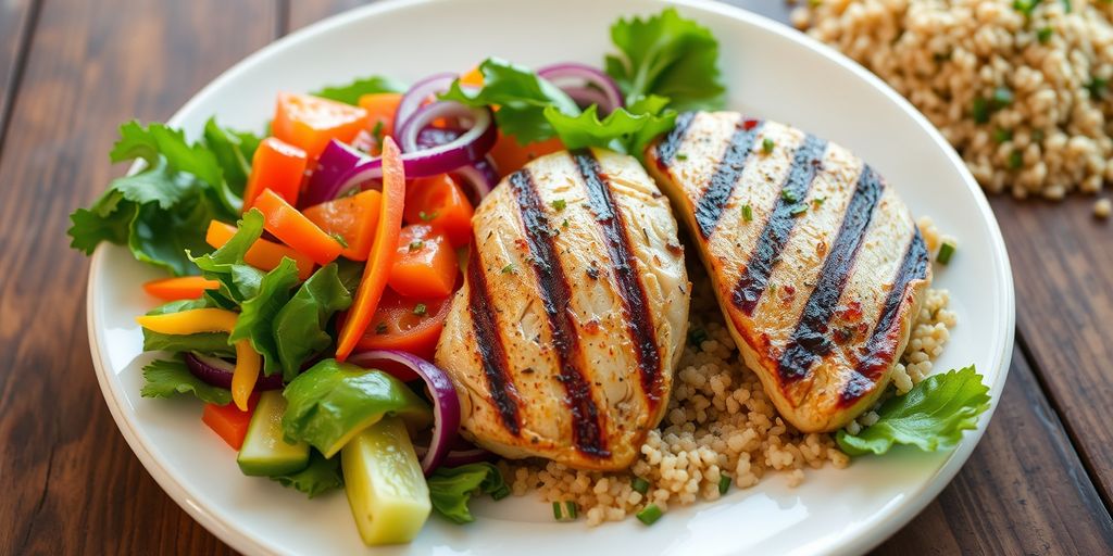 Healthy meal with vegetables and grilled chicken