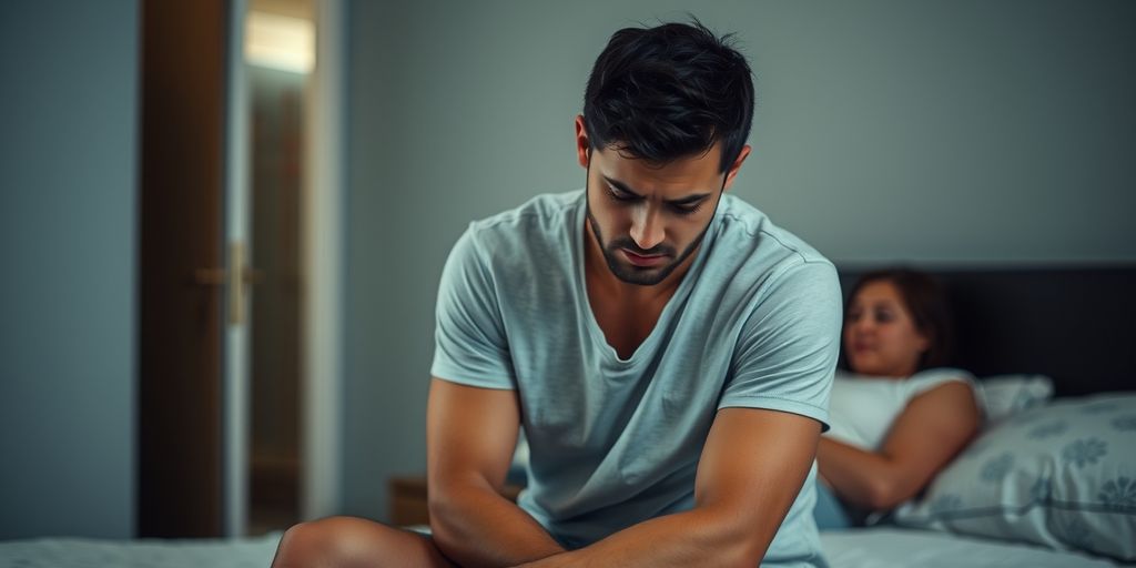 Man looking down, sitting on bed.