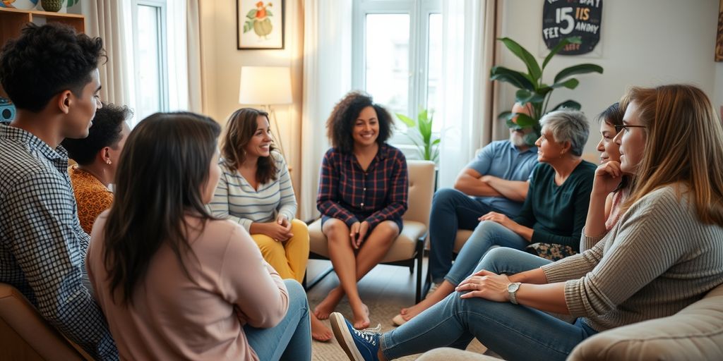 People in a circle having a supportive conversation.