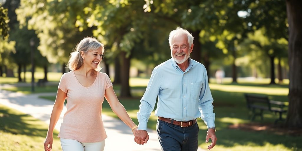 Senior couple walking in a park