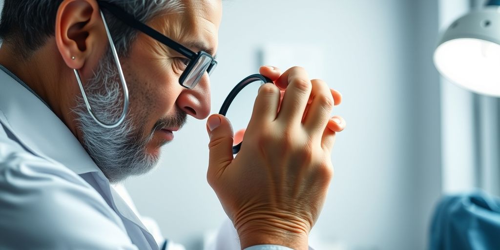 Dermatologist examining patient's skin closely.