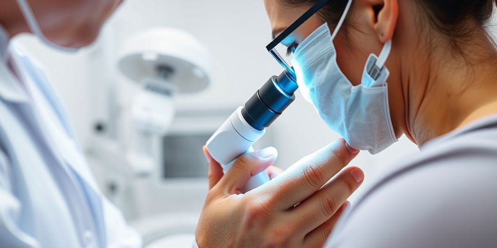 Dermatologist examining skin with dermatoscope