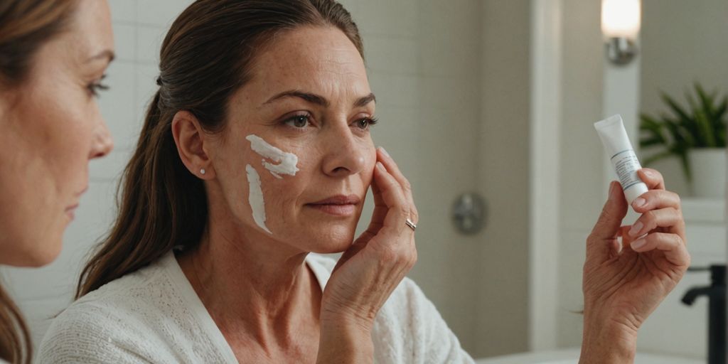 Woman applying wrinkle filler cream on her face