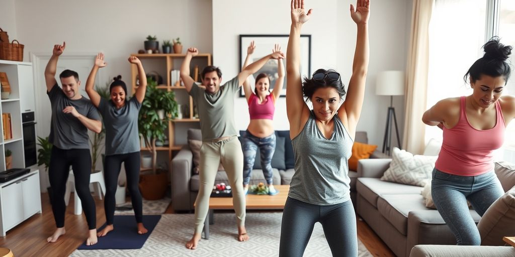 People doing different home workouts in a living room.