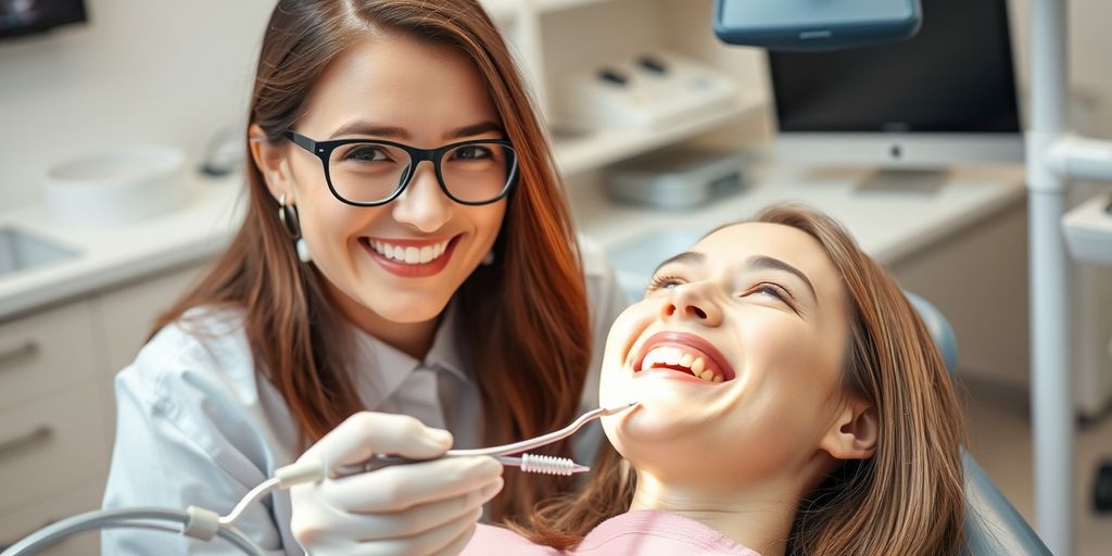 Patient smiling in dental chair with dentist