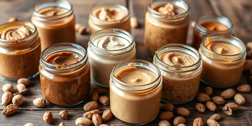 Assorted nut butters in jars with scattered nuts