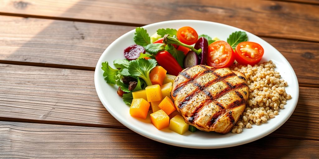 Healthy meal with vegetables and grilled chicken