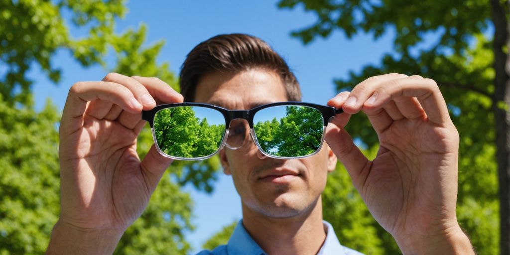 Person holding eyeglasses with clear sky and trees.