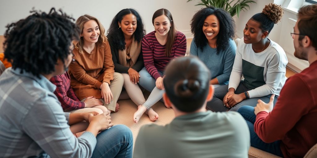 Group therapy session with diverse participants.