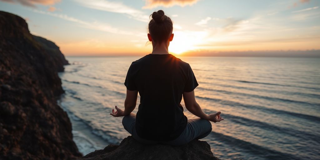 Person meditating on a cliffside at sunset.