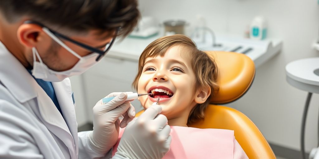 Child in dental chair with dentist.