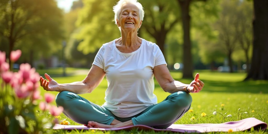 Elderly woman doing yoga in a park