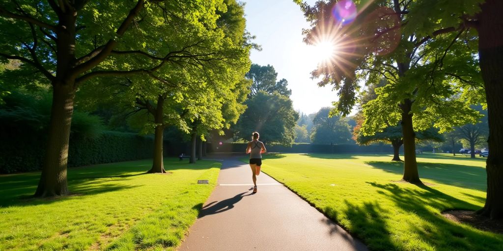 Person jogging in a sunny park