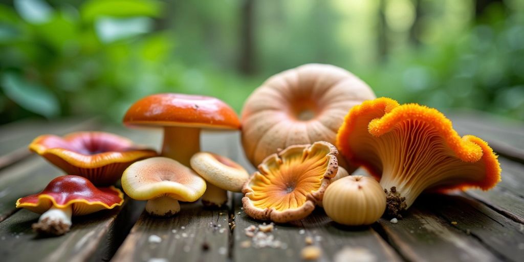 Colorful mushrooms on a rustic wooden table.