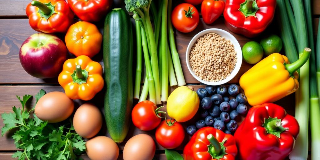 Fresh vegetables, fruits, and whole grains on a table.